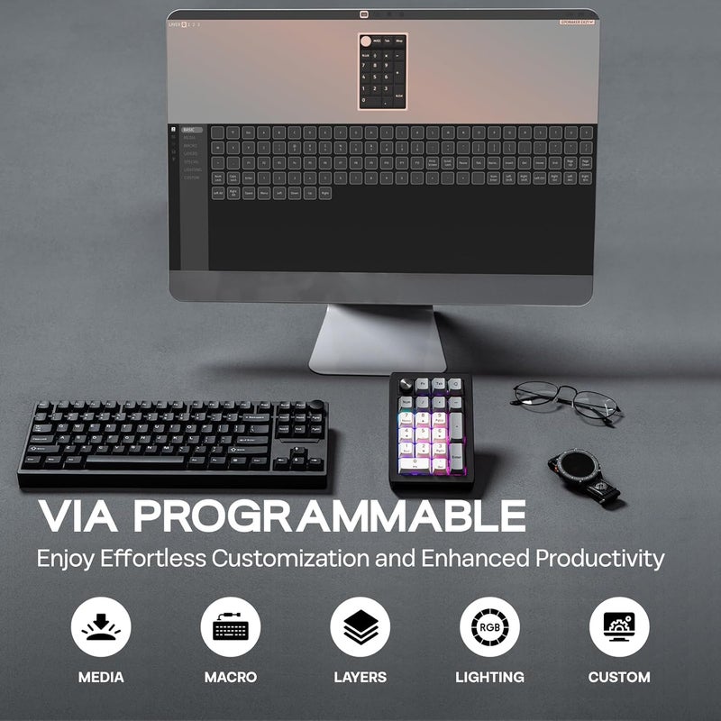 EPOMAKER EK21 VIA Gasket Number Pad with 1000mAh Battery, BT 5.0/2.4GHz/Wired Hot-Swap Numpad with Aluminum Alloy knob, Programmable for Win/Mac/Gaming (Black Silver, Wisteria V2 Switch) - Image 3